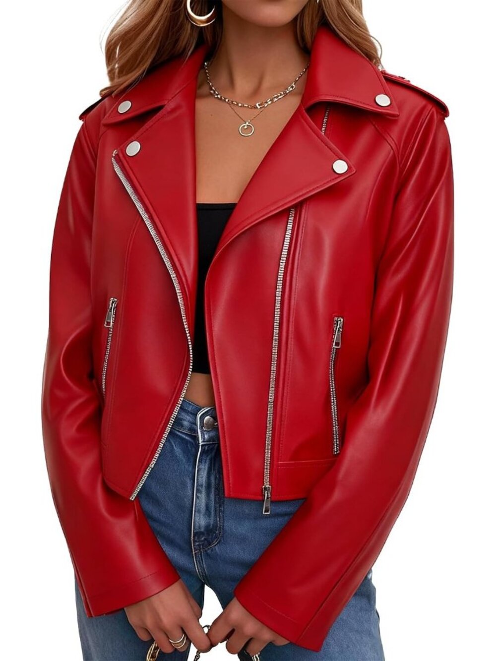 Women's Bright Red Leather Jacket Faux Cropped Coat Cute Short Zip Up for Casual